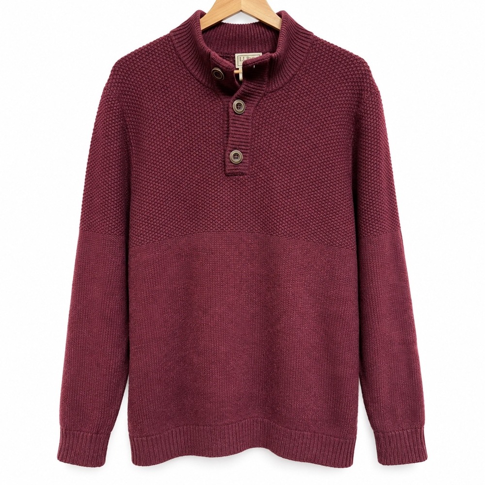 LL Bean Mens Lambswool Mock Neck Button Sweater Burgundy Large Tall